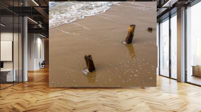 sea foamy waves near the wooden pillars of the old ruined embankment protrude from the yellow sand Wall mural