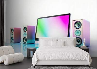 Speakers and monitor with colorful lighting on a reflective surface for modern home entertainment setup Wall mural