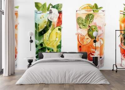 Set of four glasses with mojitos, iced coffee and other summer drinks isolated on a white background. The glasses depict summer drinks in the style of different artists Wall mural