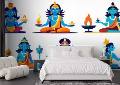 Set of serene blue hindu gods in lotus pose holding oil lamps for diwali festival. Exuding peace, harmony, and spirituality, capturing festive spirit with design symbolizing faith and devotion Wall mural