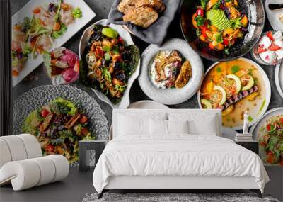 Assortment of vibrant, gourmet dishes showcasing culinary artistry, suitable for stock photography Wall mural