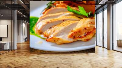 Grilled chicken breast with potato in a plate on wooden table Wall mural