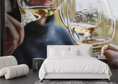 hands clinking glasses with white wine and toasting in restaurant Wall mural