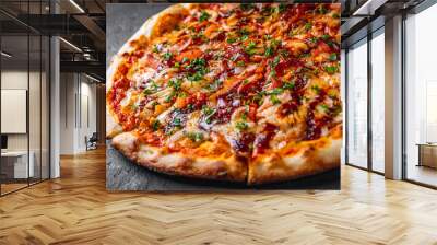 Pizza with chicken and barbeque sauce. Italian pizza on Dark grey black slate background Wall mural