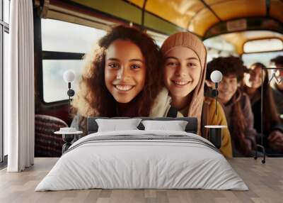 Students inside a school bus, young children from diverse backgrounds Wall mural