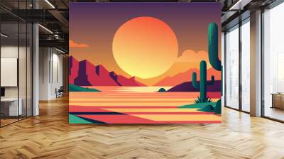 Stylized flat vector illustration of a serene desert scene during sunset with large cacti and mountains. Festive poster, mexican background, Mexico backdrop for festival Cinco de mayo Wall mural