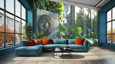 Ultrarealistic closeup of an outdoor air conditioner unit, set against the backdrop of modern home architecture Wall mural