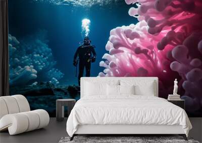 Underwater scuba diving in deep cold ocean sea rocks and beautiful coral plants. Diver with aqualung in seascape discovering researching a reef. Ai generated cinematic art Wall mural