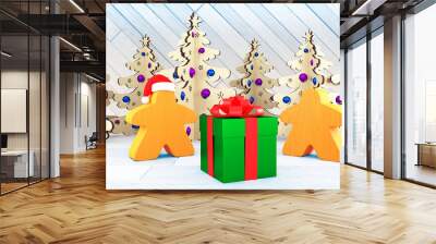 Xmas and New Year in the style of board games. Two orange Meeples stand by a gift box. Christmas decorations trees. 3d Illustrations Wall mural