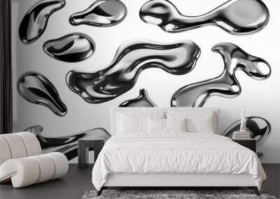 Y2K Melty chrome shapes isolated. Spilled liquid metal drops. Futuristic metallic puddles Wall mural