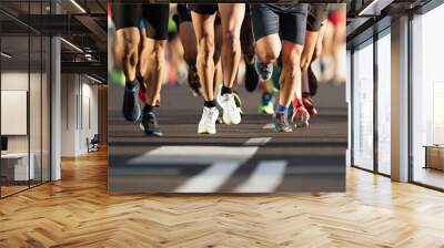 Marathon runners running on city road, large group of runners Wall mural