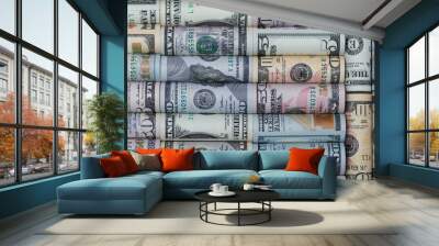 Background of the different  American dollar bills in rolls. Wall mural