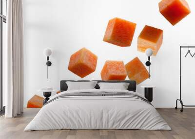 Carrot cubes fly in space forming a chain shape. Volumetric back light. Isolated on white Wall mural