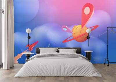 Cartoon rocket flying to the taget on new planet. 3d Render. 3d cartoon blue space Wall mural