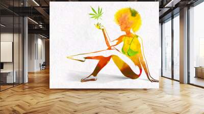 Woman's silhouette with afro hairstyle holding marijhuana leaf in her hand. Watercolor styled Wall mural