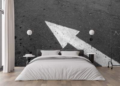 White arrow on asphalt pointing left in black and white. Wall mural