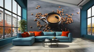 A Cup of hot aromatic espresso coffee on a stone table with scattered roasted coffee beans Wall mural