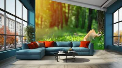 An open book lying in the Park near the tree. Layout with copyspace. Nature background Wall mural