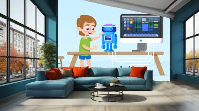 Little boy creating and programming smart robot. Isolated vector illustration. early childhood development concept. Wall mural