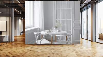 White loft interior in a Scandinavian style with a table. Set wooden table in a bright interior, photo studio. Wall mural