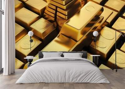 A golden arrow, ascending through stacks of gold coins and bars, symbolizes the potential for financial growth and wealth. Wall mural