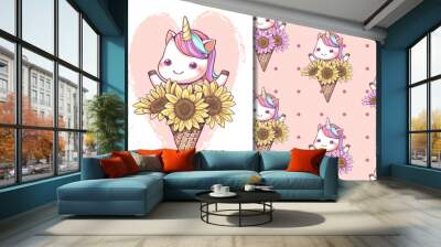 Seamless pattern and wallpaper template cute ice cream cone unicorn with sunflower set. Kawaii character cartoon design for screen wallpaper social media and gift wrapping pattern. Wall mural