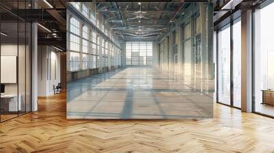 3d rendering of an empty warehouse with a lot of windows. 3d rendering of large hangar building and concrete floor and open shutter door in perspective view for background Generative AI Wall mural