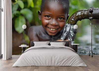 African children enjoy clean water and stretches out his hands to tank with fountain of clean water, embracing the gift of life and hope Generative AI Wall mural