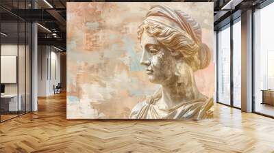 Ancient Greek antique sculpture of a woman, goddess, made in pastel colors of the background. Generative AI. Enhancing the Aura of Divine Femininity.  Wall mural