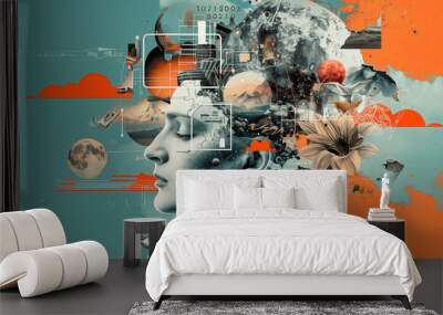 Art collage with the concept of thought process, ingenuity and new creative ideas. Generative AI. Wall mural