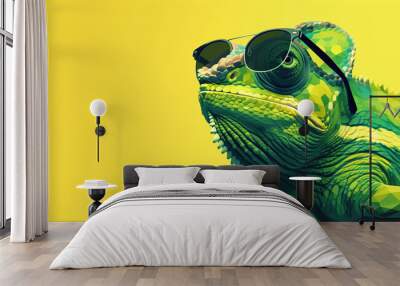 Fashionable Chameleon: Sunglasses on Solid Color Background, Vector Art with Minimalistic Faceted Design and Abstract Panorama Background - Unique Generative AI Illustration Wall mural