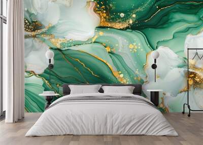 flower marble texture with abstract green, white, glitter and gold background alcohol ink colors Wall mural