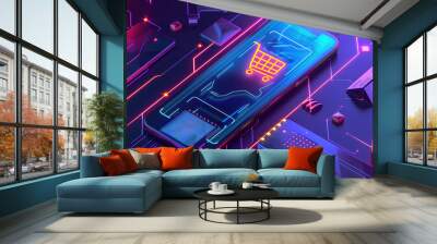 Futuristic online shopping technology digital payment from mobile phone. Generative AI Wall mural