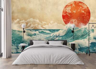 Great ocean wave as Japanese vintage style illustration Generative AI
 Wall mural