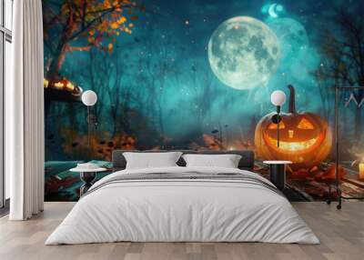 halloween pumpkin head jack lantern with burning candles spooky forest with a full moon and wooden table pumpkins in graveyard in the spooky night halloween backdrop ai generative Wall mural