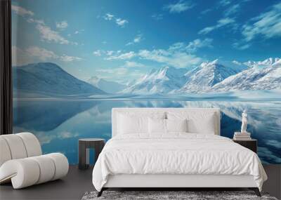 Icy blue landscape with lake and mountains. Wall mural