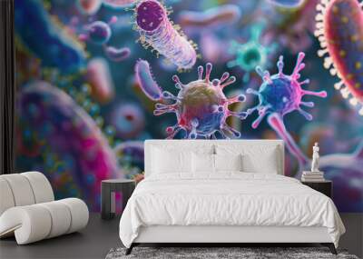 Photograph of an abstract background with a macro shot of various microbes including virus cells and bacteria, captured in a photorealistic style with intricate details Wall mural