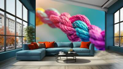 Team rope diverse strength connect partnership together teamwork unity communicate support. Strong diverse network rope team concept integrate braid color background cooperation empower power. Wall mural