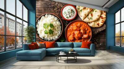 Traditional Indian dish Chicken tikka masala with spicy curry meat in bowl, basmati rice, bread naan, yoghurt raita sauce on rustic dark background, top view, close up. Indian style dinner from above Wall mural