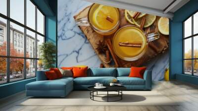 Two clear glass mugs of hot apple alcohol with cinnamon sticks and lemon slices sitting on top of an old wooden board on a marble surface Generative AI Wall mural