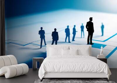 Business background, graph and silhouette of team members in business staying on the graph, finance concept on blue background Wall mural