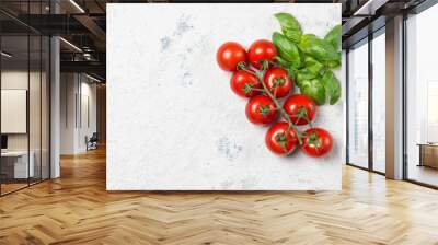 Fresh cherry tomatoes with basil leaves on a stone table, top view with copy space Wall mural