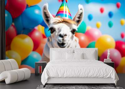 Funny lama, alpaca in happy birthday hat on a balloon background, happy birthday greeting card Wall mural