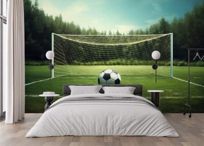 Soccer ball near the football gates, green grass field, sport concept Wall mural