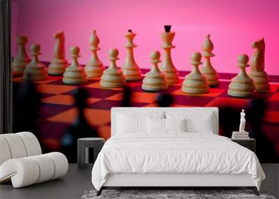 Chess pieces standing on a chessboard, shot close-up with an illuminated background. Wall mural