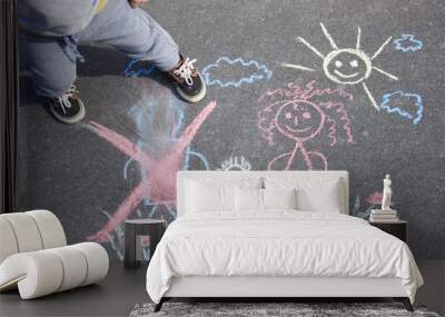 Children's drawing with chalk on the asphalt, family with no dad. Son crossed out father. Family divorce topic. Wall mural