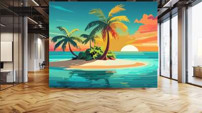 Tropical island with palm trees on the sunset. Ai generated Wall mural