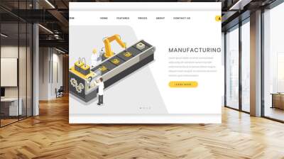 Assembly line, factory landing page template. Production, manufacturing facility engineers and workers vector online webpage illustration. Conveyor belt, autonomous manufacture process website Wall mural