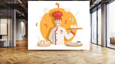 Chef in traditional Chinese kimono vector flat illustration. Tasty delicious Chinese cuisine, dim sums, shrimps, spring rolls, and steamed buns. Traditional China food with seafood and soy sauce. Wall mural