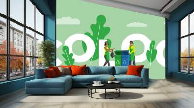 Ecology word concept flat color banner. Eco friendly and sustainable lifestyle, environment protection and nature saving activities. Tiny people characters installing solar panels, planting trees Wall mural